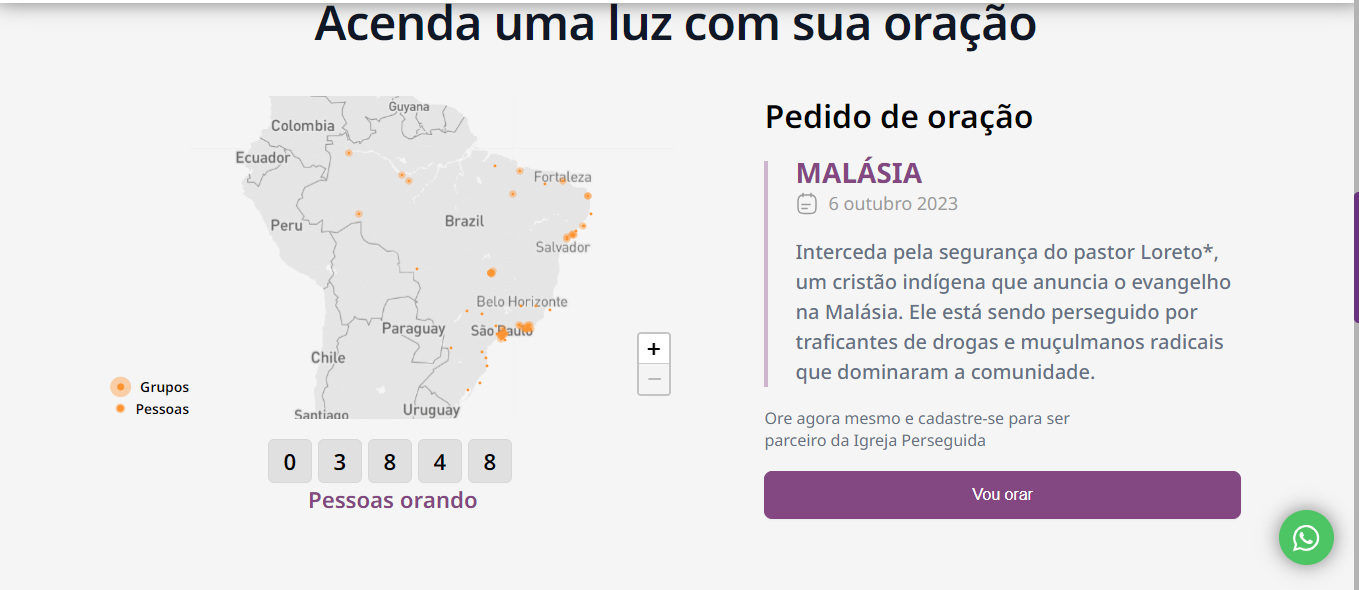 Imagem da sessão Mapa com a Geolocalização Aproximada de pessoas Orando e grupos de Oração