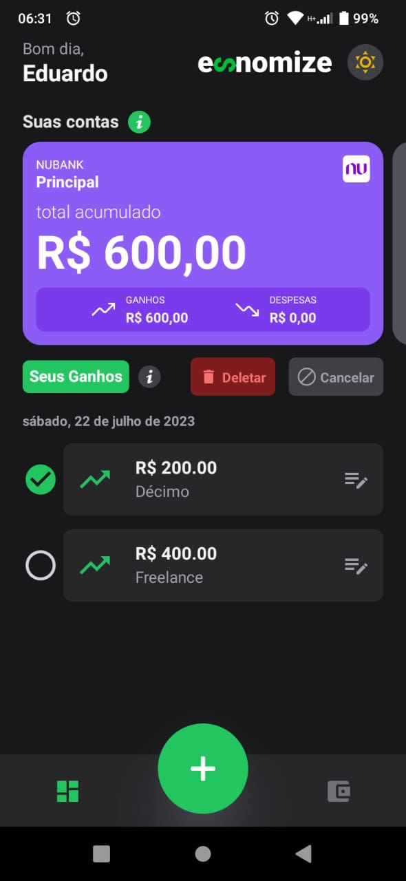 Imagem de demonstração Tela inicial (Tema escuro)