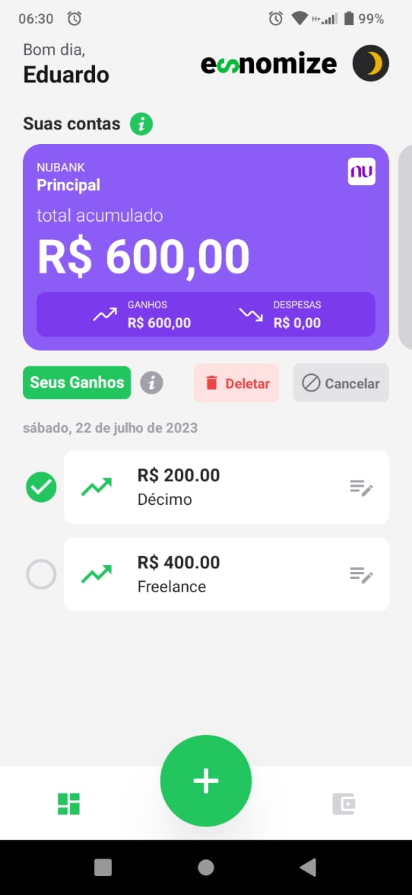 Imagem de demonstração Tela inicial (Tema claro)