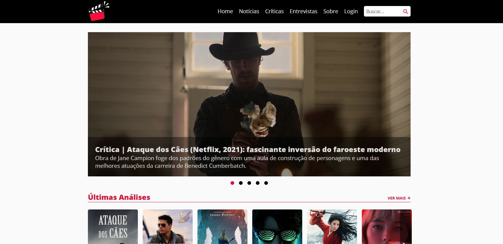 Página inicial do site Claquete