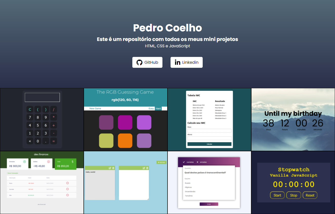 A imagem contém um site com alguns projetos listados