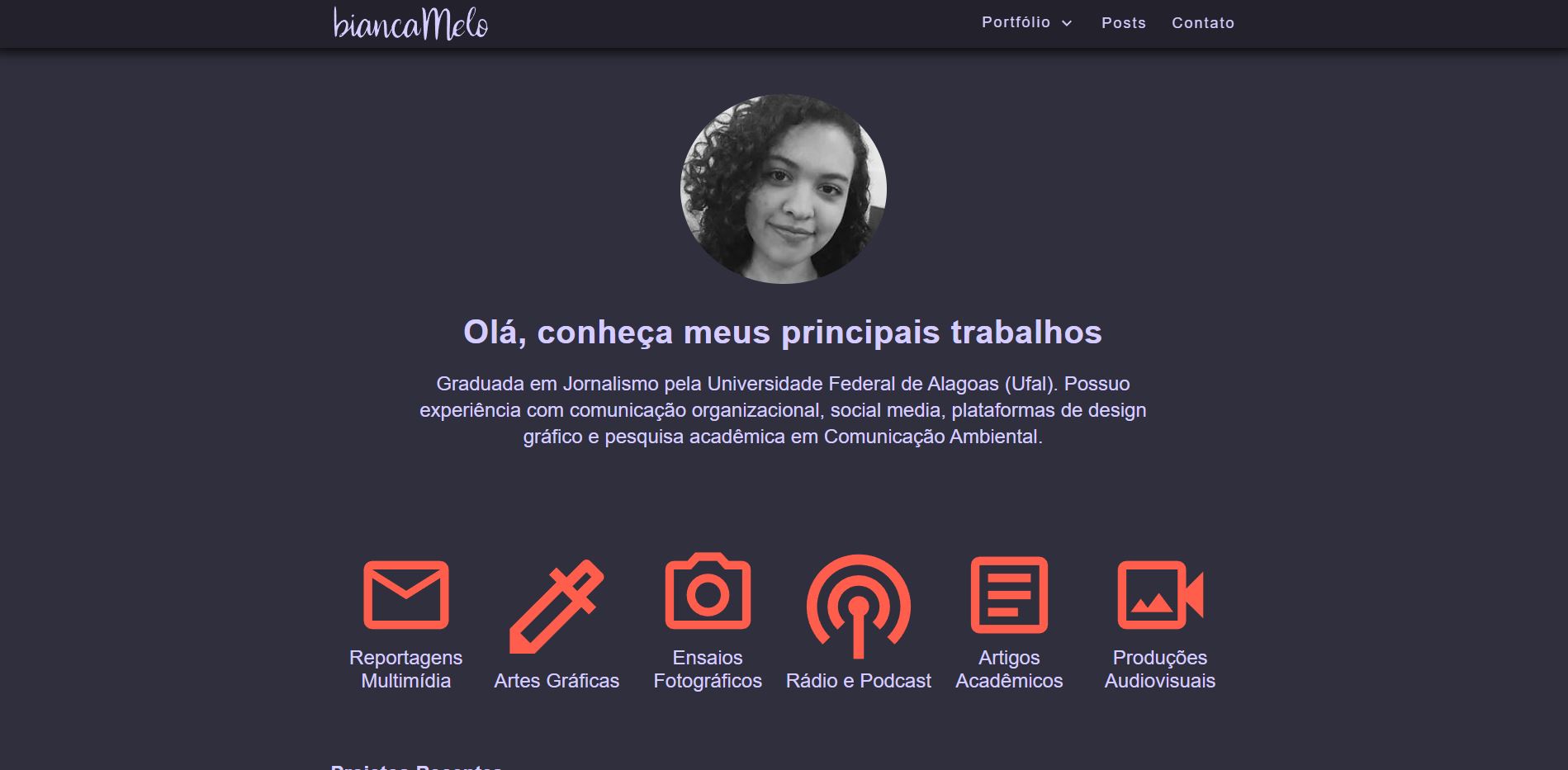 Imagem da página inicial do site Bianca Melo