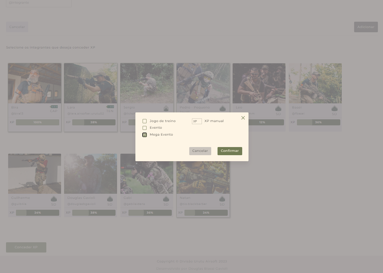 Imagem da sessão Sistema de XP para integrantes
