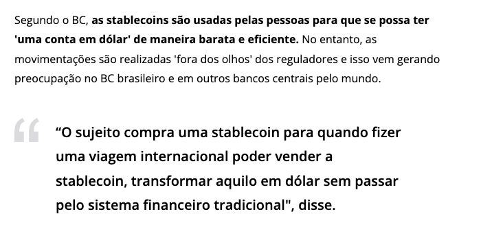 Segundo o BC, as stablecoins são usadas pelas pessoas para que se possa ter uma conta em dólar de maneira barata e eficiente.