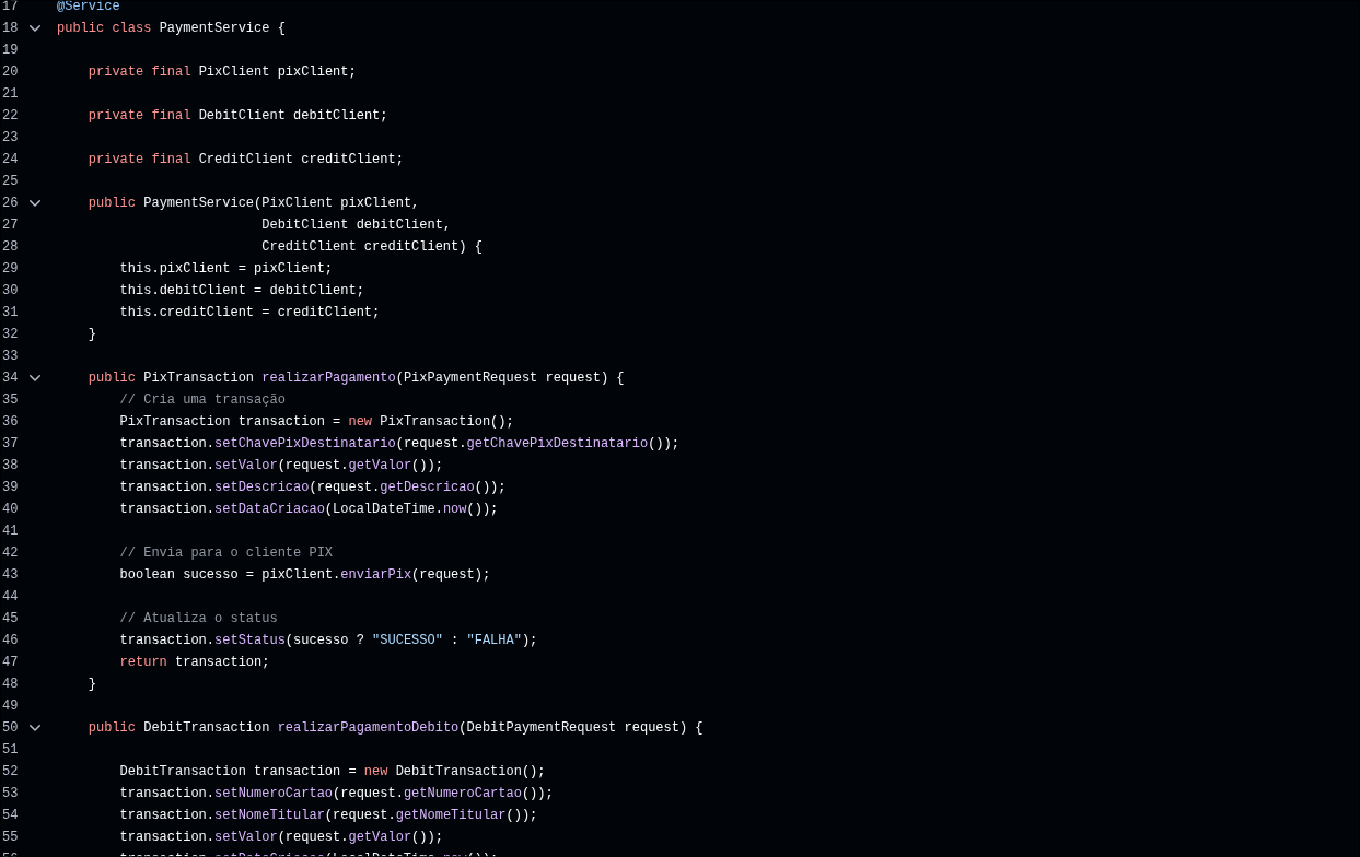 Imagem da sessão Trecho do Service de Pagamentos